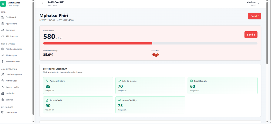Application detail view with risk-based decision and pricing