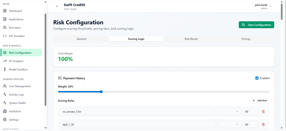 Risk configuration – risk bands and PD mapping